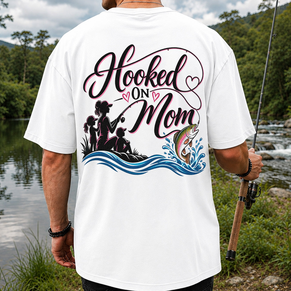Hooked on Mom Rainbow Trout Family Fishing T-Shirt | Back Print