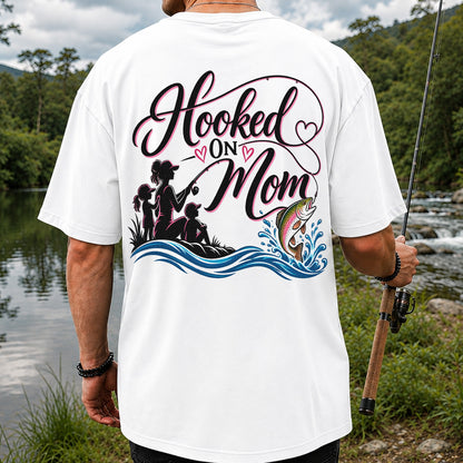 Hooked on Mom Rainbow Trout Family Fishing T-Shirt | Back Print