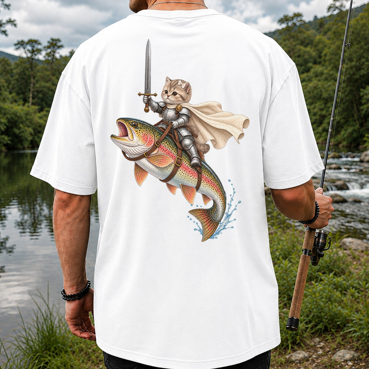 Cat Knight Riding a Rainbow Trout Fishing Graphic T-Shirt | Back Print