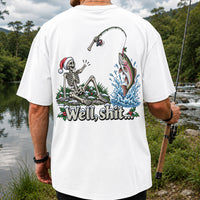 Well, Shit... Skeleton and Leaping Rainbow Trout Christmas Fishing T-Shirt | Back Print