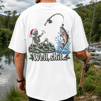Well, Shit... Skeleton and Leaping Rainbow Trout Christmas Fishing T-Shirt | Back Print