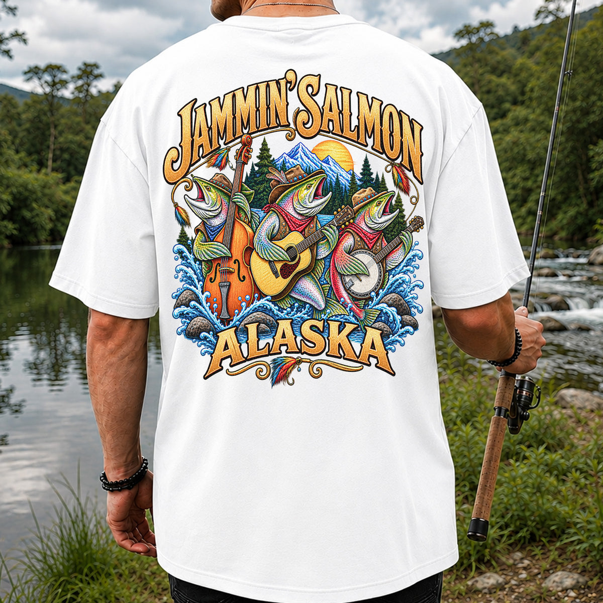 Salmon Music Band Alaska Fishing Graphic T-Shirt | Back Print
