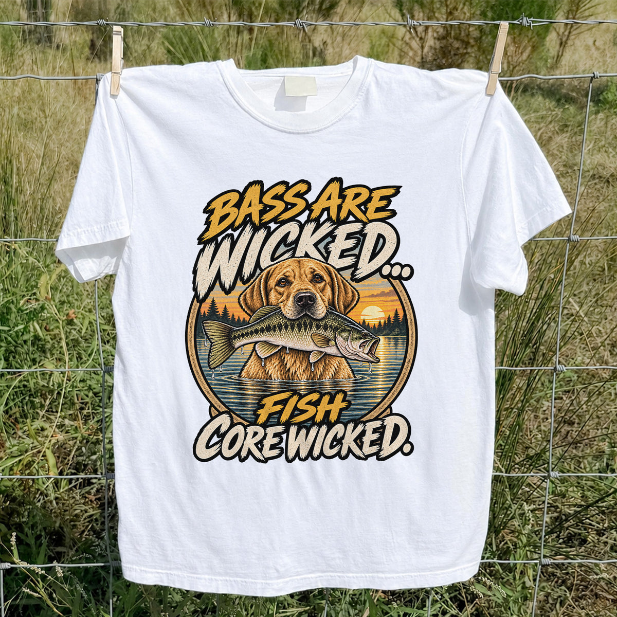 Bass Are Wicked Fish Core Wicked Dog Holding Bass Fishing T-Shirt