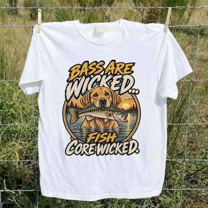 Bass Are Wicked Fish Core Wicked Dog Holding Bass Fishing T-Shirt