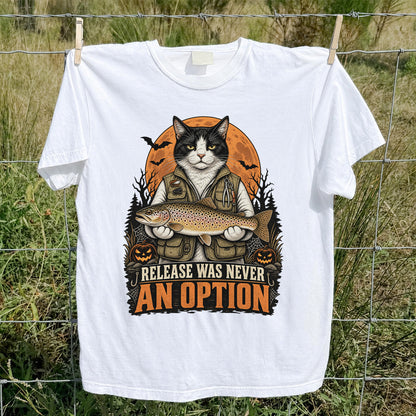 Release Was Never an Option Cat Holding Brown Trout Halloween Fishing T-Shirt