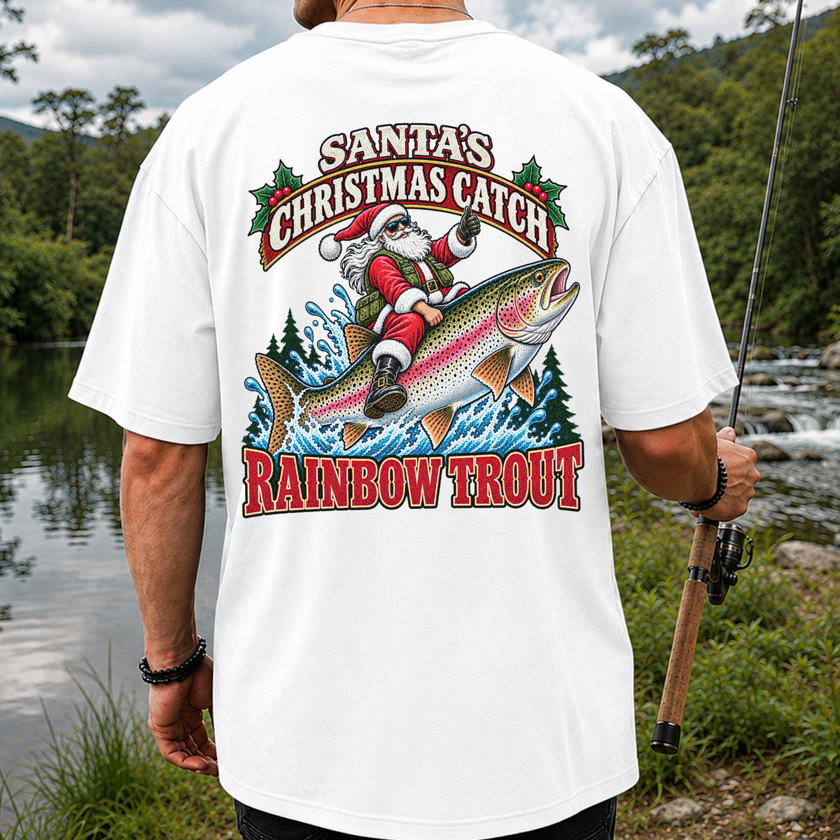 Santa's Christmas Catch Rainbow Trout Fishing T-Shirt | Back Print