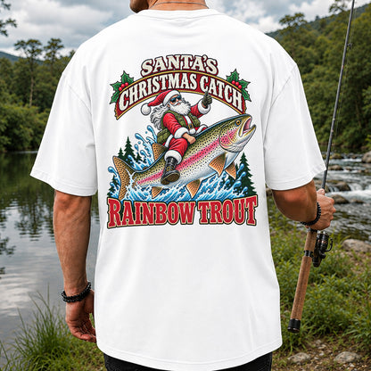 Santa's Christmas Catch Rainbow Trout Fishing T-Shirt | Back Print