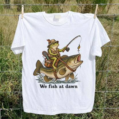 We Fish at Dawn Frog Riding Largemouth Bass Funny Fishing T-Shirt
