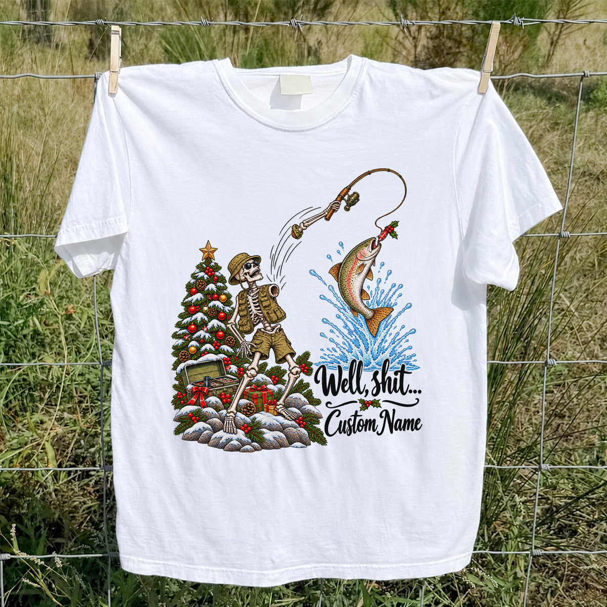 Skeleton Angler Christmas Fishing Personalized Graphic T-Shirt