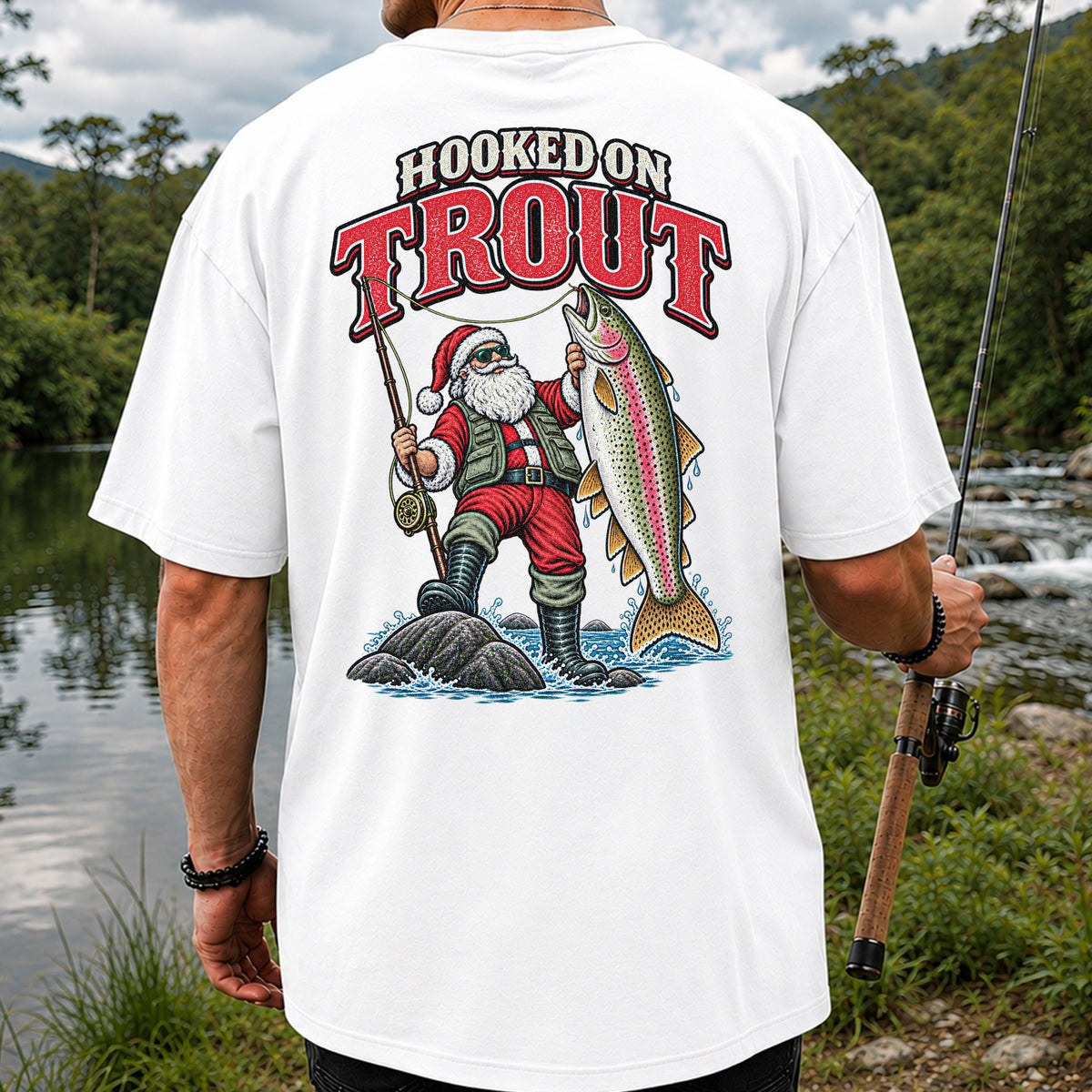 Hooked on Trout Santa Claus Rainbow Trout Christmas Fishing T-Shirt | Back Print