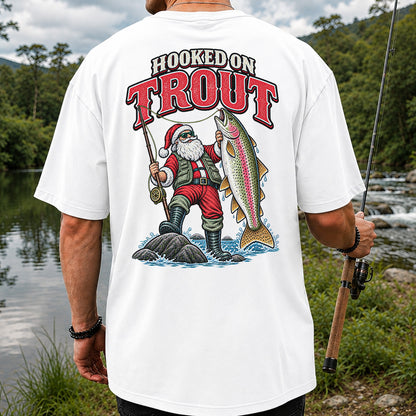 Hooked on Trout Santa Claus Rainbow Trout Christmas Fishing T-Shirt | Back Print