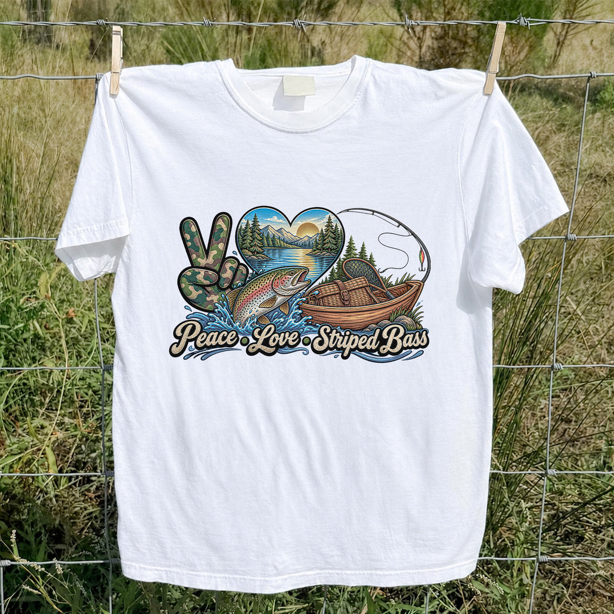 Peace Love Striped Bass Lake and Boat Fishing Graphic T-Shirt