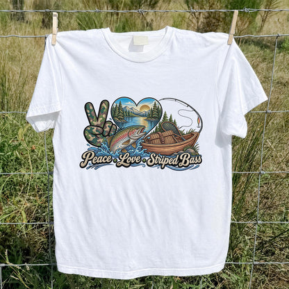 Peace Love Striped Bass Lake and Boat Fishing Graphic T-Shirt