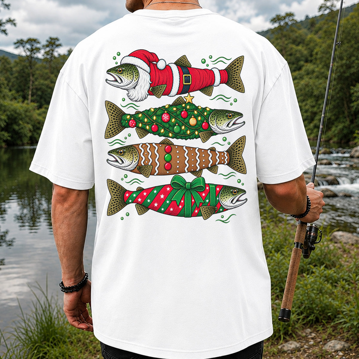 Christmas Trout Santa Tree and Gift Wrap Fishing T-Shirt | Back Print