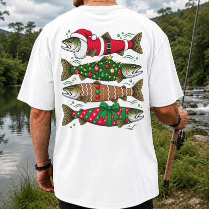 Christmas Trout Santa Tree and Gift Wrap Fishing T-Shirt | Back Print