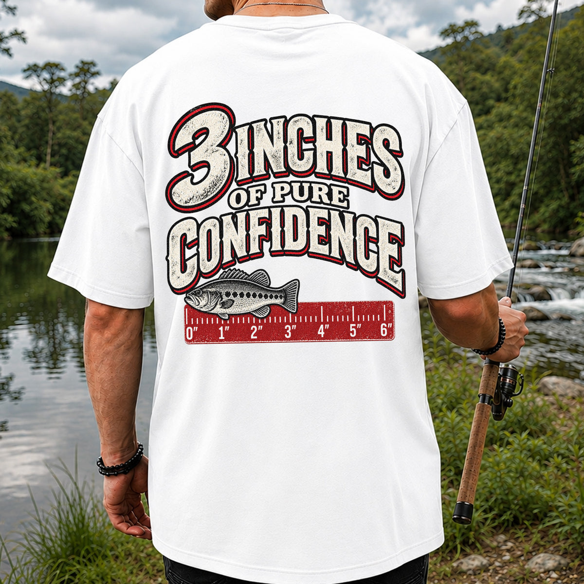 3 Inches of Pure Confidence Bass and Ruler Funny Fishing T-Shirt | Back Print