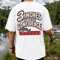 3 Inches of Pure Confidence Bass and Ruler Funny Fishing T-Shirt | Back Print