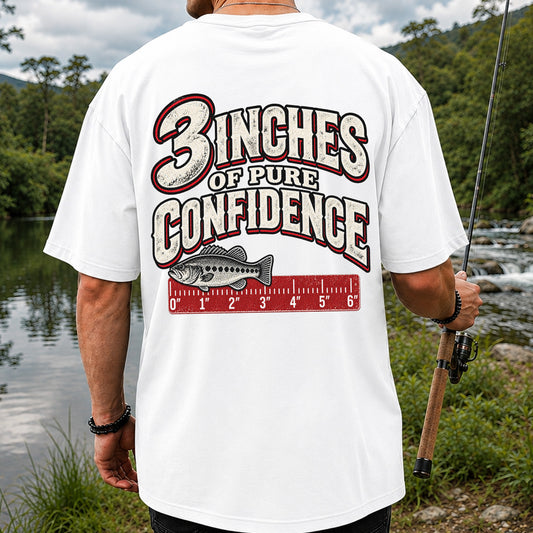 3 Inches of Pure Confidence Bass and Ruler Funny Fishing T-Shirt | Back Print