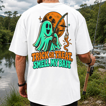 Trick or Treat, Smell My Bait Ghost Halloween Fishing T-Shirt | Back Print
