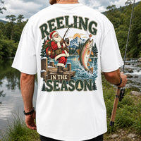 Reeling in the Season Santa Fishing for Rainbow Trout Christmas T-Shirt | Back Print