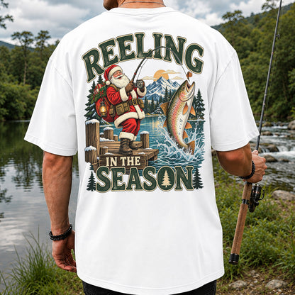 Reeling in the Season Santa Fishing for Rainbow Trout Christmas T-Shirt | Back Print