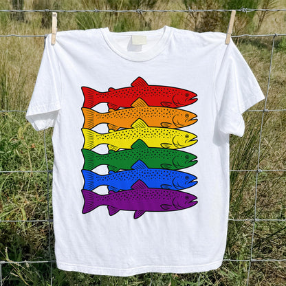 Rainbow Colored Trout Stack Fishing Graphic T-Shirt