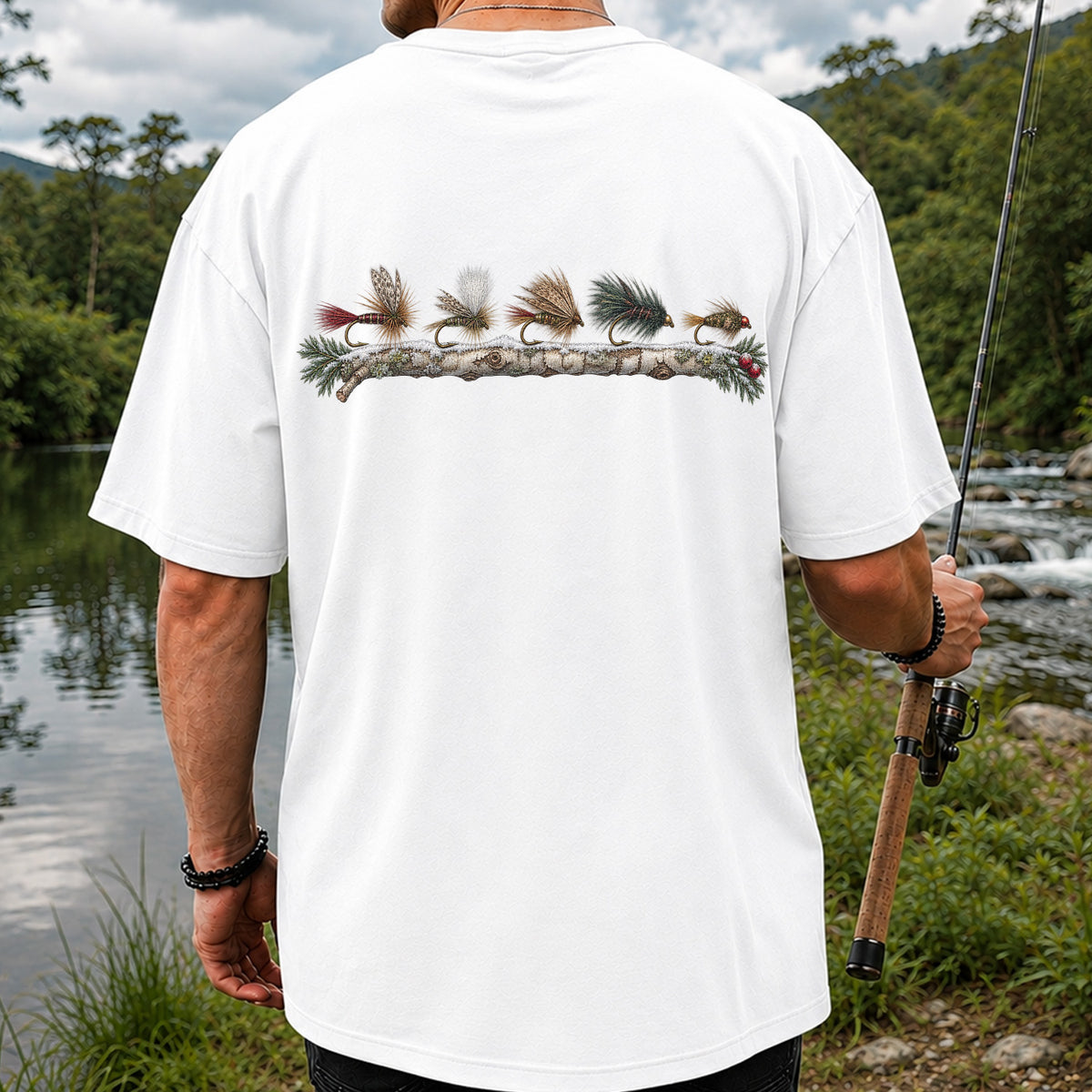 Christmas Fly Fishing Flies on Evergreen Branch Graphic T-Shirt | Back Print