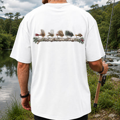 Christmas Fly Fishing Flies on Evergreen Branch Graphic T-Shirt | Back Print