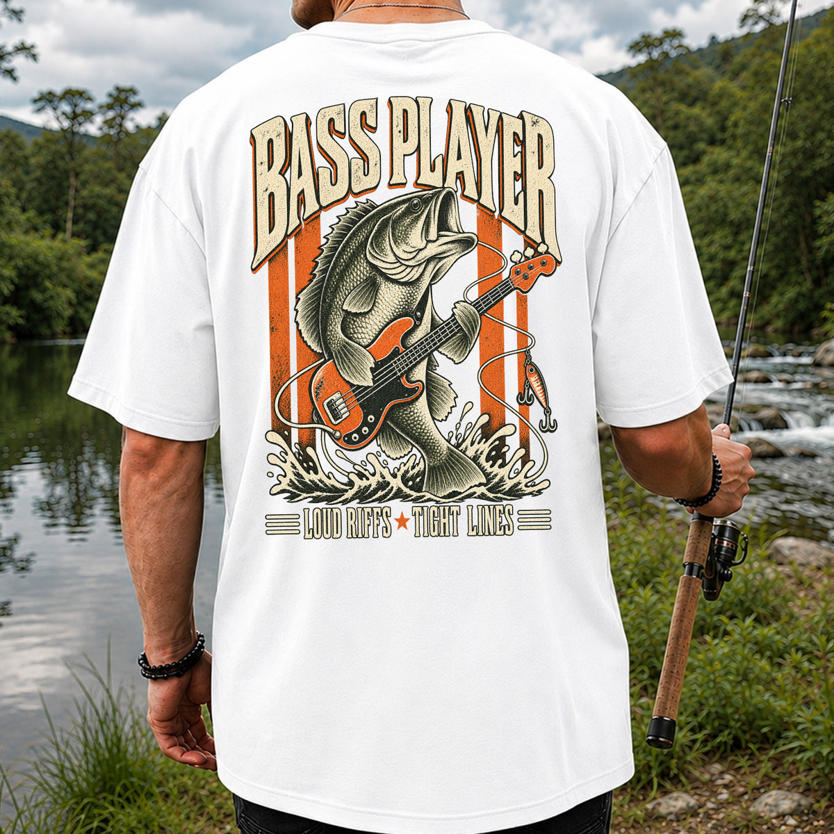 Bass Playing Guitar Vintage Fishing Graphic T-Shirt | Back Print