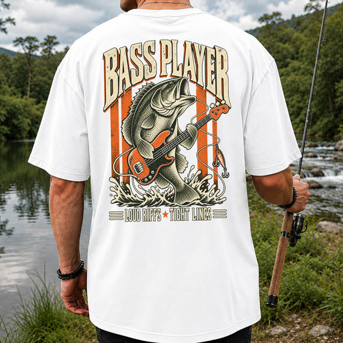 Bass Playing Guitar Vintage Fishing Graphic T-Shirt | Back Print