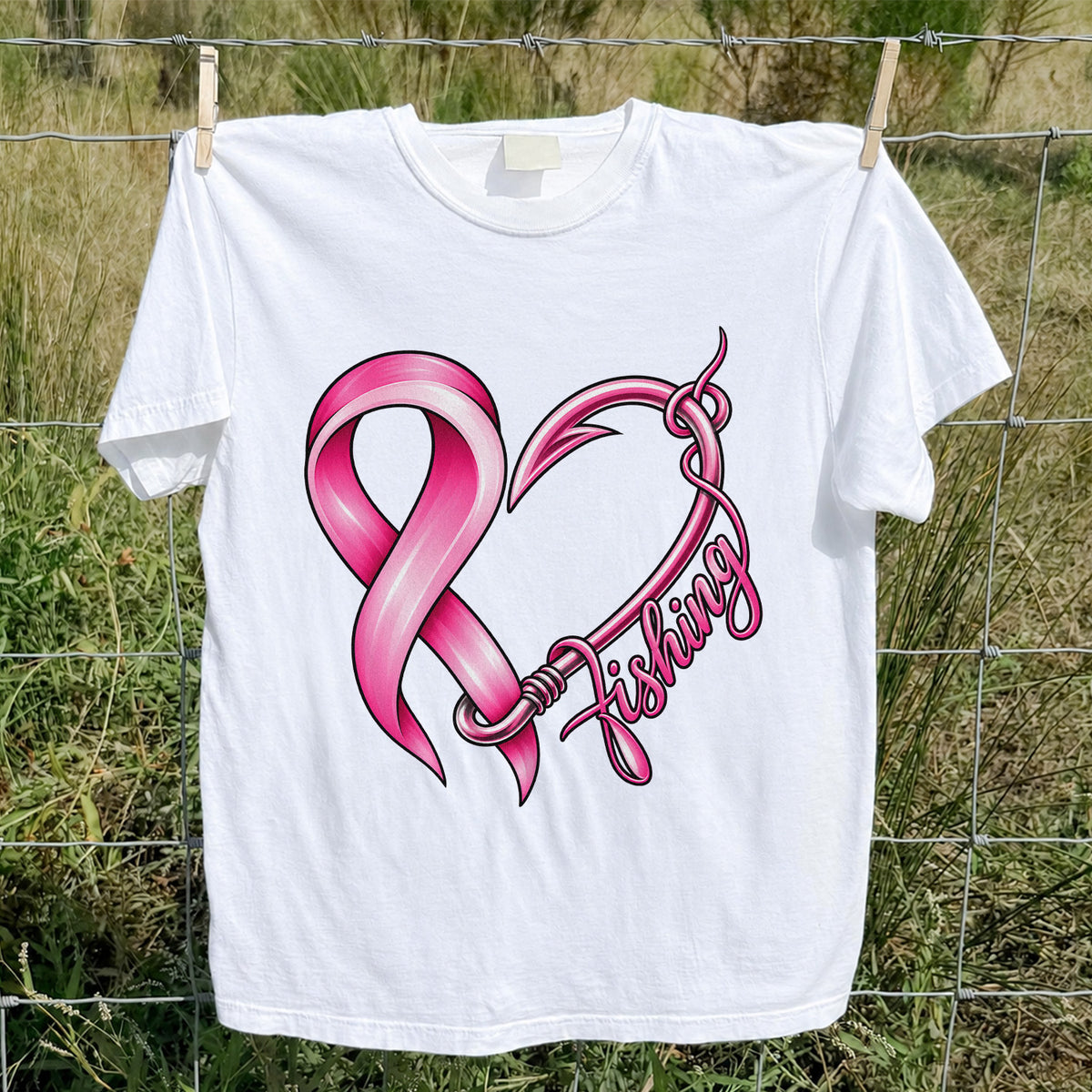 Pink Ribbon Heart Fish Hook Fishing Graphic T-Shirt