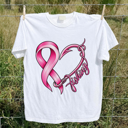 Pink Ribbon Heart Fish Hook Fishing Graphic T-Shirt