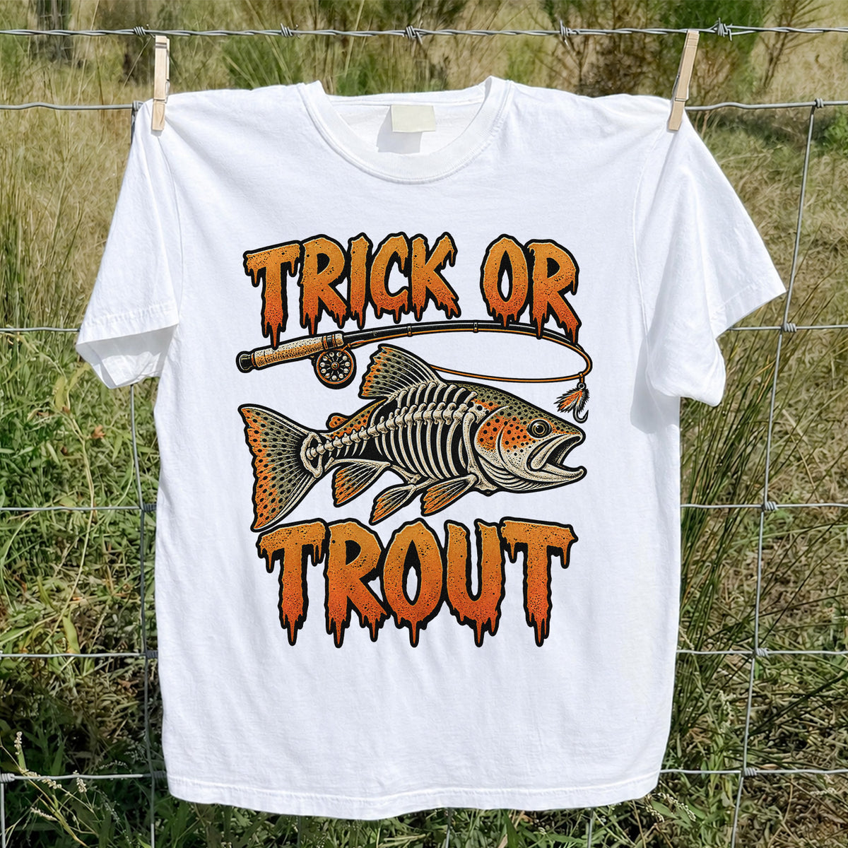 Trick or Trout Skeleton Trout Halloween Fly Fishing T-Shirt