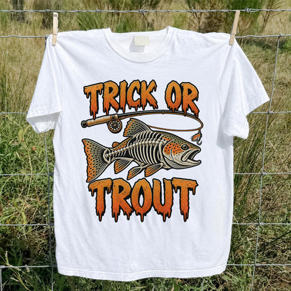 Trick or Trout Skeleton Trout Halloween Fly Fishing T-Shirt