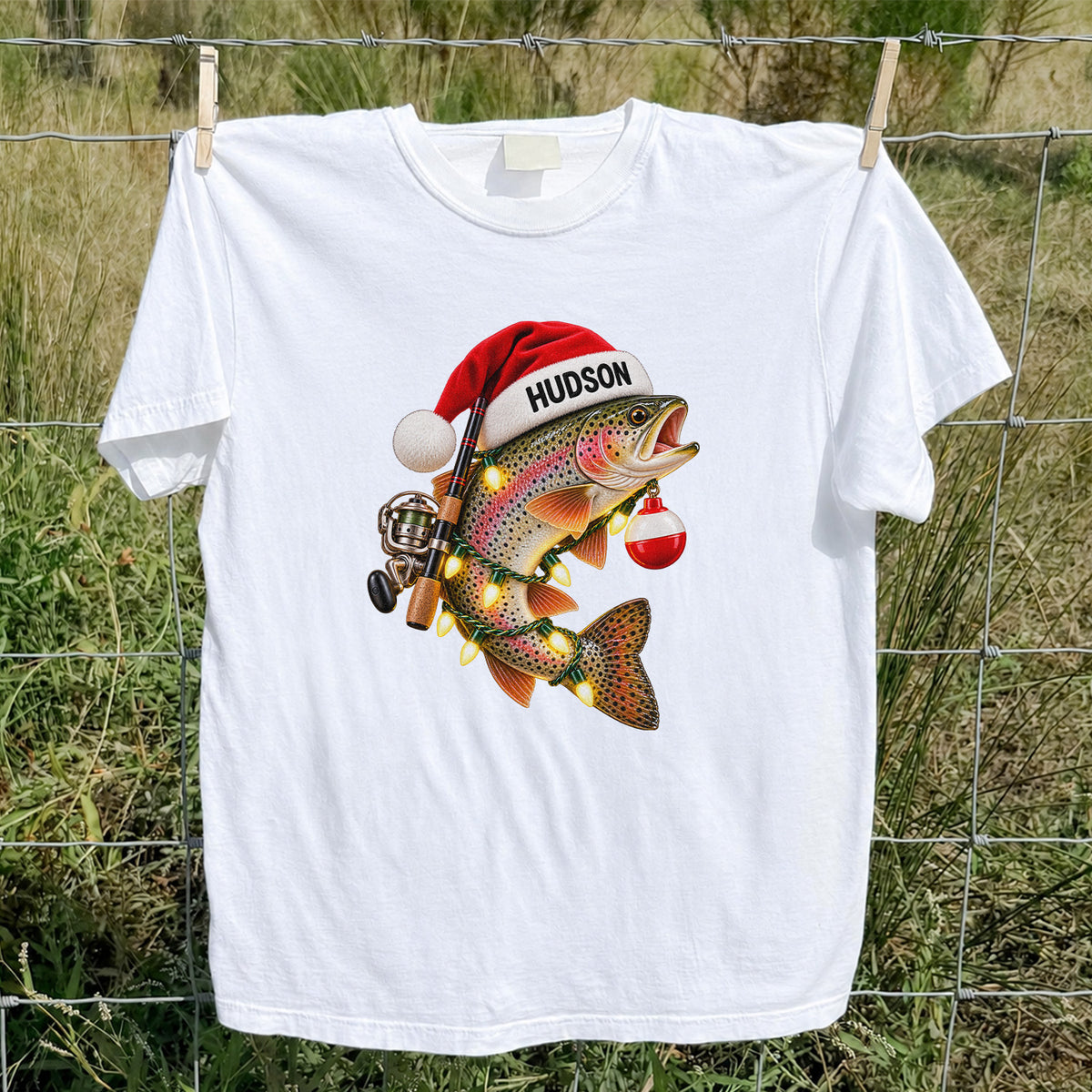 Hudson Santa Hat Rainbow Trout Christmas Fishing T-Shirt