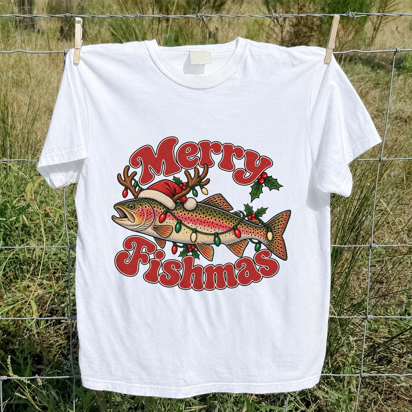 Merry Fishmas Reindeer Rainbow Trout Christmas Fishing T-Shirt
