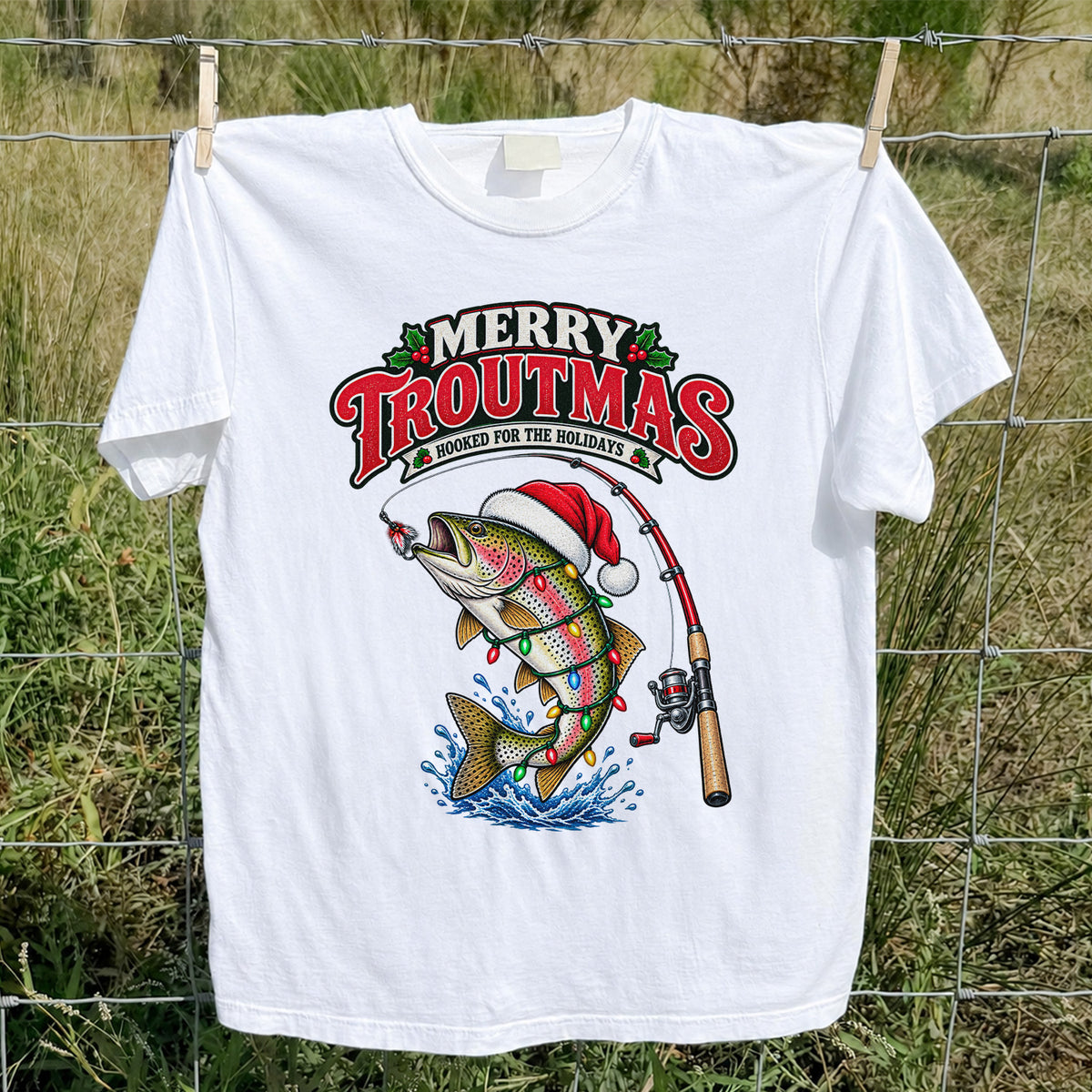 Merry Troutmas Hooked for the Holidays Rainbow Trout Christmas Fishing T-Shirt
