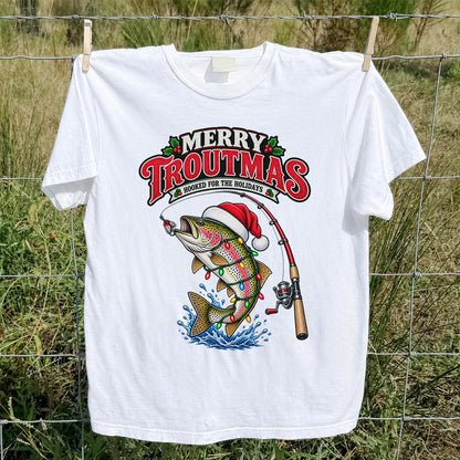 Merry Troutmas Hooked for the Holidays Rainbow Trout Christmas Fishing T-Shirt