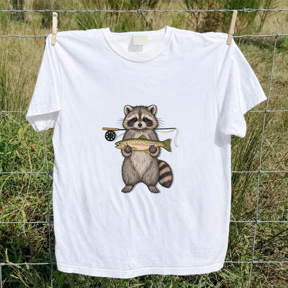 Cute Raccoon Holding Rainbow Trout Fly Fishing Graphic T-Shirt