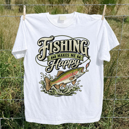 Fishing Makes Me Happy Rainbow Trout Vintage Graphic T-Shirt