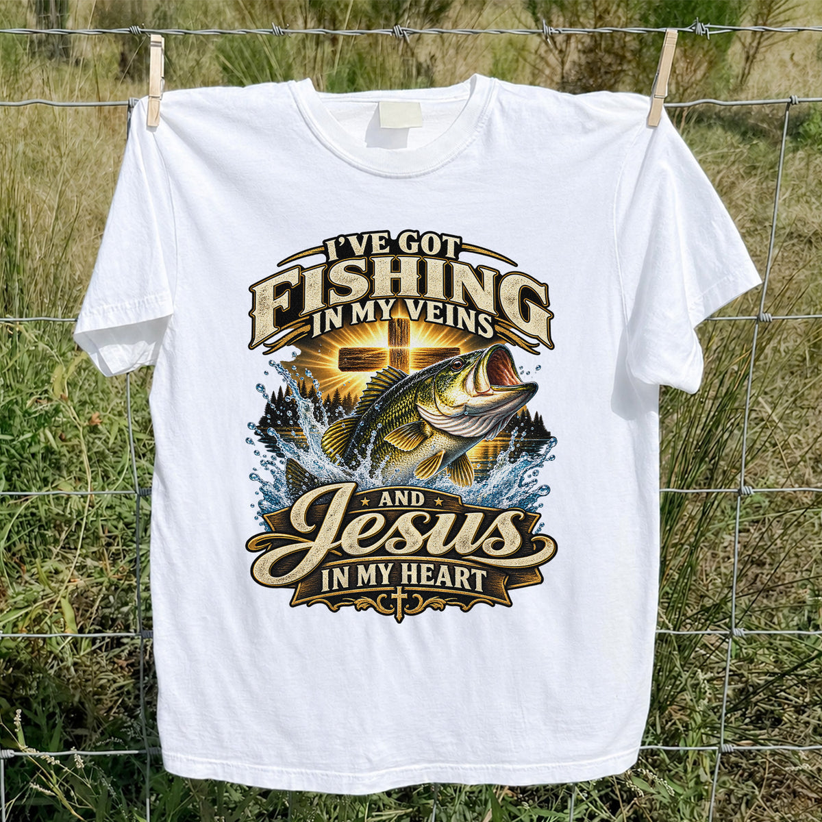 I've Got Fishing in My Veins and Jesus in My Heart Bass and Cross T-Shirt
