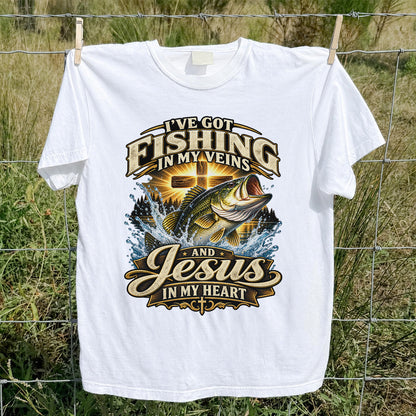 I've Got Fishing in My Veins and Jesus in My Heart Bass and Cross T-Shirt