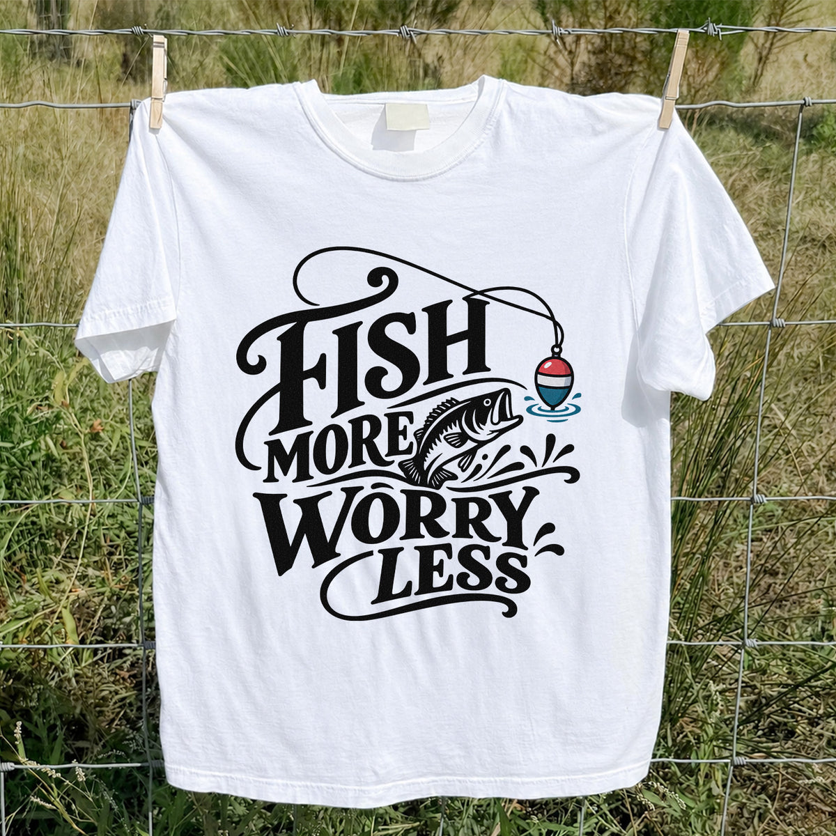 Fish More Worry Less Funny Fishing Graphic T-Shirt