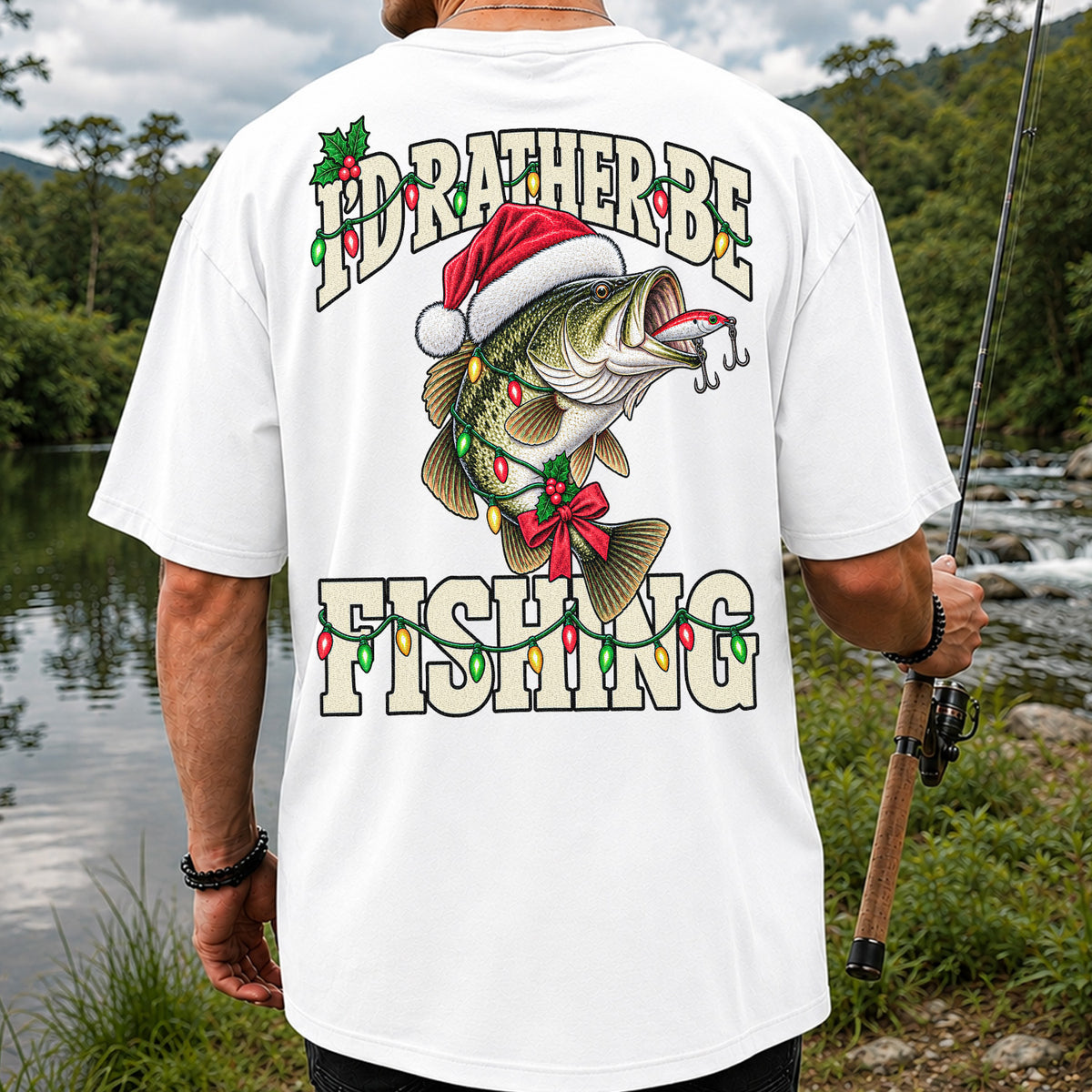 Santa Hat Bass Christmas Fishing Graphic T-Shirt | Back Print