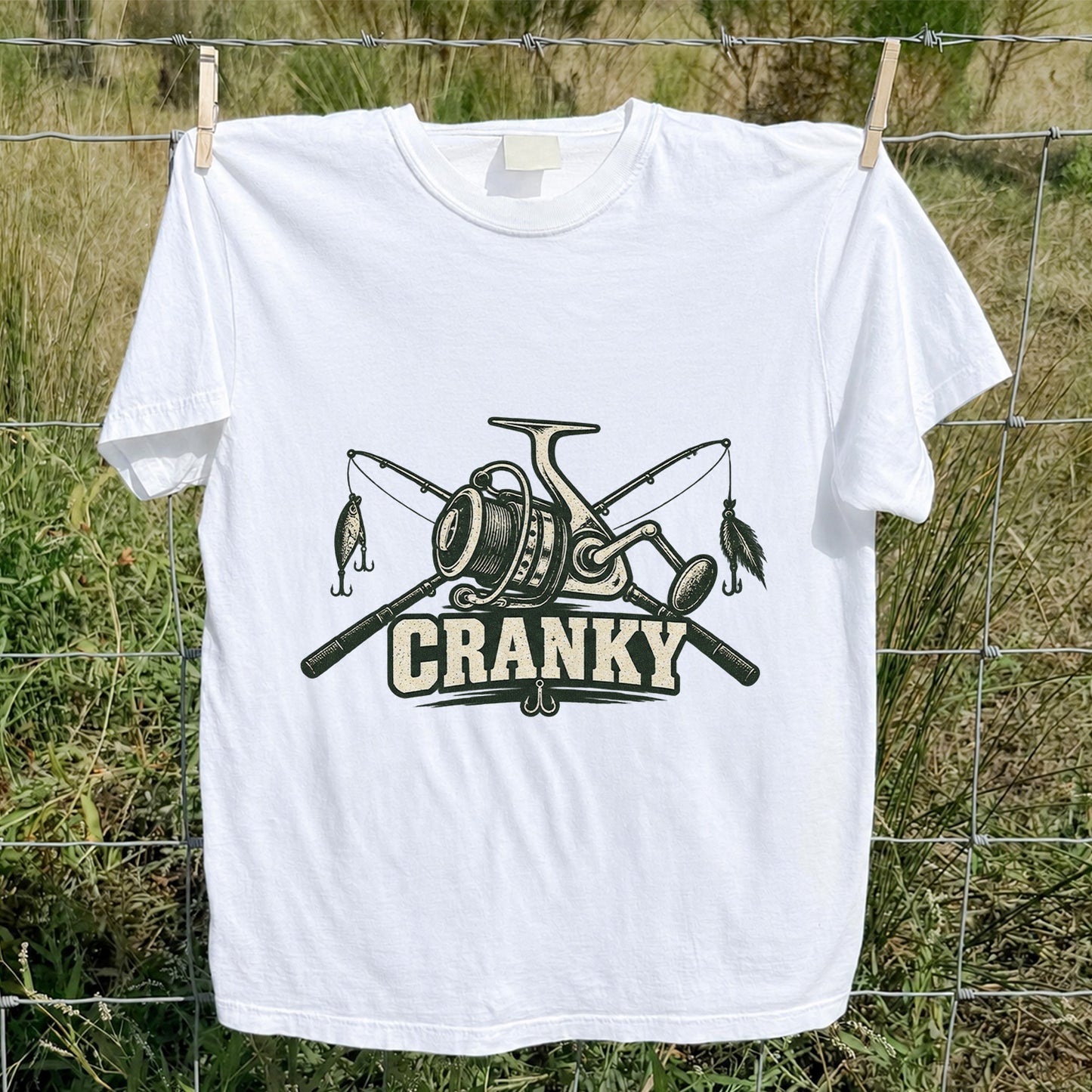 Cranky Fishing Reel and Crossed Rods Graphic T-Shirt