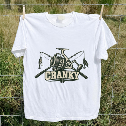 Cranky Fishing Reel and Crossed Rods Graphic T-Shirt