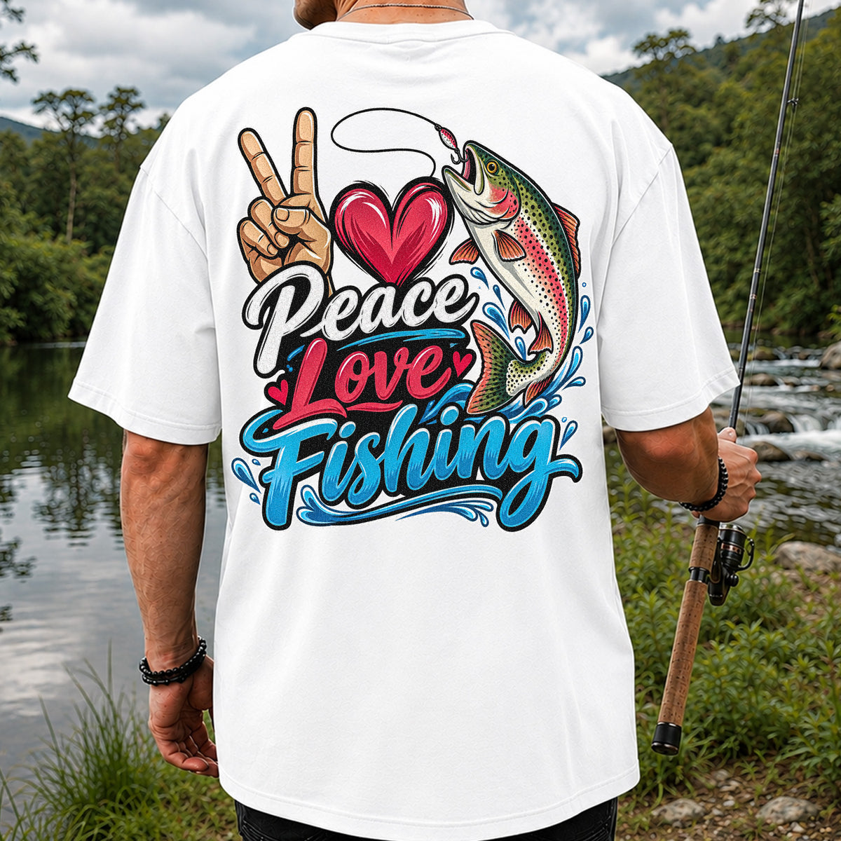 Peace Love Fishing Rainbow Trout and Heart Graphic T-Shirt | Back Print