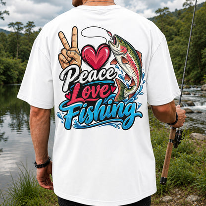 Peace Love Fishing Rainbow Trout and Heart Graphic T-Shirt | Back Print
