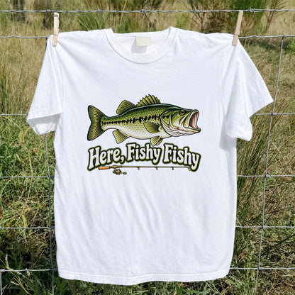 Here Fishy Fishy Funny Largemouth Bass Fishing Graphic T-Shirt
