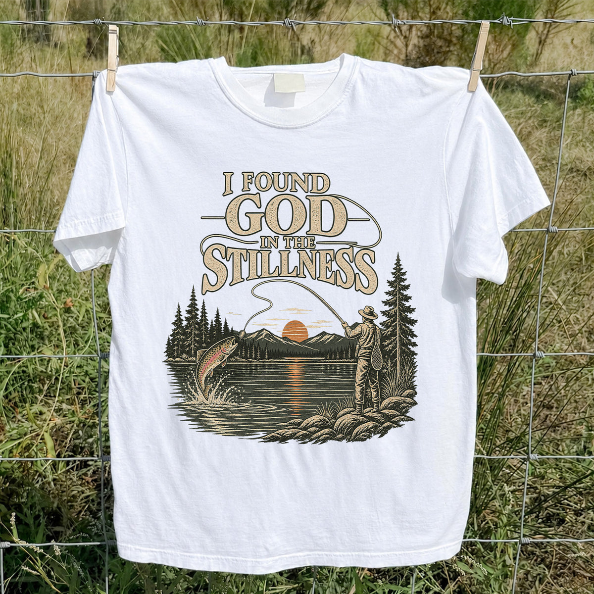 I Found God in the Stillness Trout Fly Fishing Sunset T-Shirt